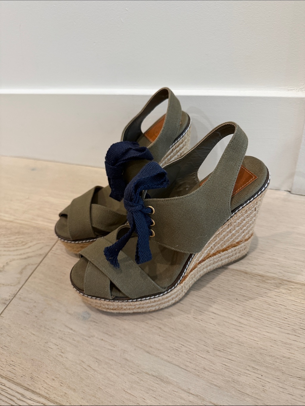 Olive Canvas Wedge Sandals With Navy Tie